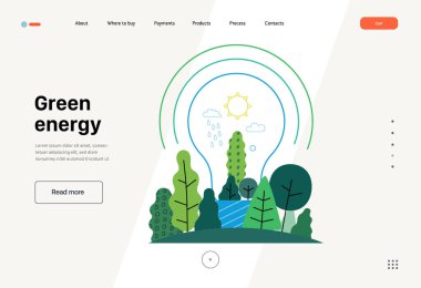 Ekoloji - Yeşil enerji - Modern yassı vektör kavramı ağaç ve bitkilerle dolu elektrik ampulünün çizimi. Sürdürülebilir yenilenebilir enerji metaforu. Yaratıcı iniş web sayfası şablonu