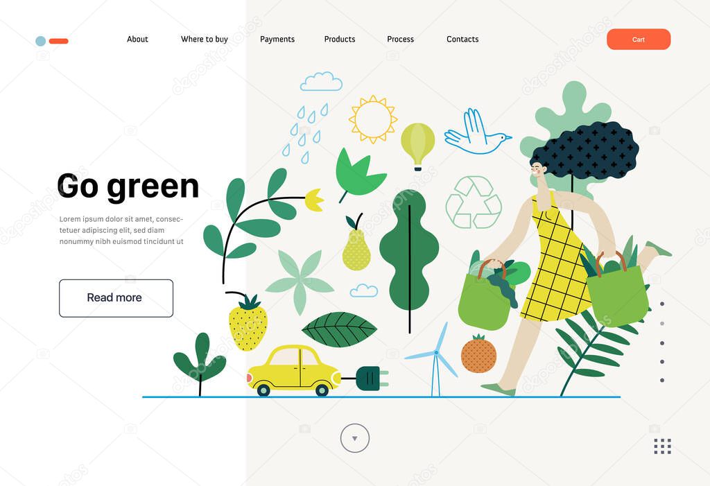 Ecology - Sustainable thinking -Modern flat vector concept illustration, woman with eco bags, electric car, sustainable transport, solar and wind energy, plants. Creative landing web page template