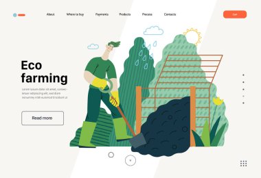 Ekoloji - Gübreleme, eko çiftçilik - Modern düz vektör konsepti ekoloji, organik tarım metaforu. Lastik çizme giyen bir adam, komposter indirme web sayfası şablonu kazıyor