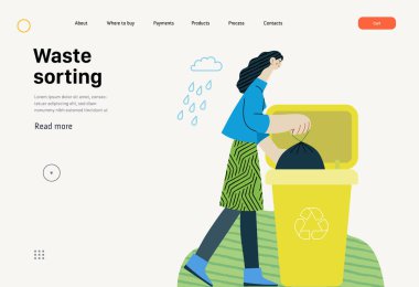 Ekoloji - Atık ayıklama - Modern düz vektör konsepti çizimi genç bir kadının plastik atık için çöp torbasına çöp poşeti koyması. Yaratıcı iniş web sayfası şablonu