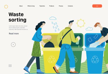 Ekoloji - Atık ayıklama - Modern düz vektör konsepti illüstrasyonu genç bir adamın kağıt atık için çöp konteynırına kağıt dergi koyması. Yaratıcı iniş web sayfası şablonu