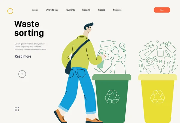 Ökologie Mülltrennung Modernes Flaches Vektorkonzept Illustration Eines Jungen Mannes Der — Stockvektor