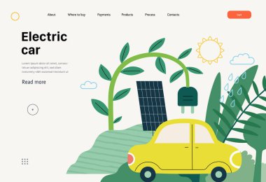 Ekoloji - Elektrikli araba - Modern düz vektör konsepti güneş panelleri ve elektrikli araba çizimi. Yenilenebilir enerji benzetmesi. Yaratıcı iniş web sayfası şablonu