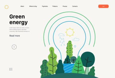 Ekoloji - Yeşil enerji - Modern yassı vektör kavramı ağaç ve bitkilerle dolu elektrik ampulünün çizimi. Sürdürülebilir yenilenebilir enerji metaforu. Yaratıcı iniş web sayfası şablonu