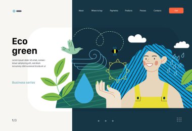 Ekoloji - Çevresel yeşil - Modern yassı vektör kavramı, doğal ekolojik sembollerle çevrili genç bir kadının çizimi. Yaratıcı iniş web sayfası şablonu