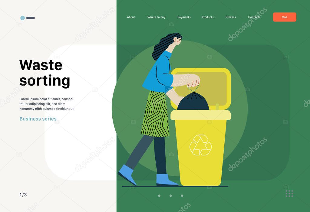 Ecology - Waste sorting -Modern flat vector concept illustration of a young woman putting a trash bag into the garbage container for plastic waste. Creative landing web page template