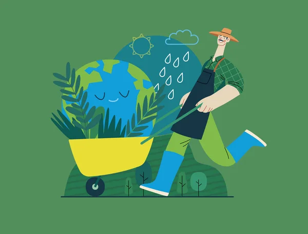 Ecologia Salvar Planeta Moderno Conceito Vetorial Plano Ilustração Jardineiro Usando —  Vetores de Stock