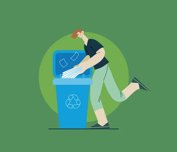 生態系 廃棄物の分類 紙の廃棄物のためのガベージコンテナに紙の雑誌を置く若い男の近代的なフラットベクトルの概念図 クリエイティブランディングウェブページテンプレート — ストックベクタ