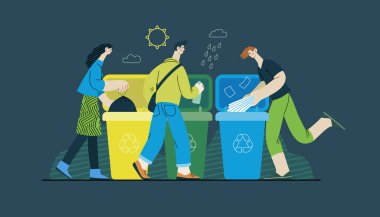 Ekoloji - Atık ayıklama - Modern düz vektör konsepti insanların çöp kutusuna plastik, kağıt ve cam koymaları. Yaratıcı iniş web sayfası şablonu