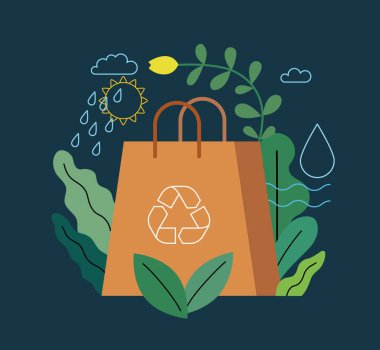 Ekoloji - Ekolojik paket - Modern düz vektör kavramı. Bitkilerle çevrili bir kağıt torba, ekolojik yaşam tarzının metaforu. Yaratıcı iniş web sayfası şablonu