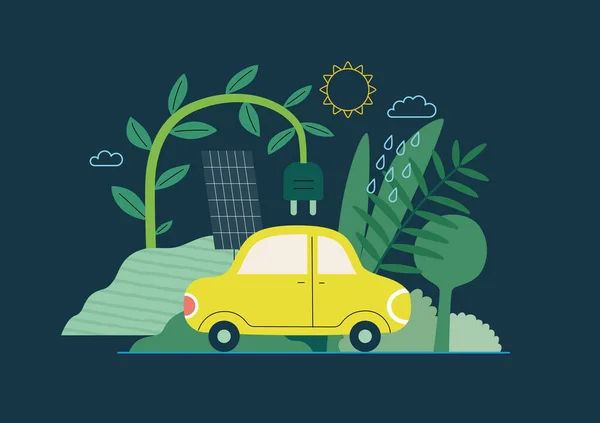 Ökologie Elektroauto Modernes Flachvektorkonzept Zur Illustration Von Sonnenkollektoren Und Einem — Stockvektor