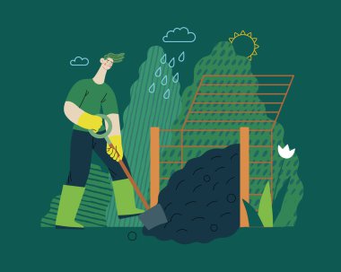 Ekoloji - Gübreleme, eko çiftçilik - Modern düz vektör konsepti ekoloji, organik tarım metaforu. Lastik çizme giyen bir adam, komposter indirme web sayfası şablonu kazıyor