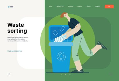 Ekoloji - Atık ayıklama - Modern düz vektör konsepti illüstrasyonu genç bir adamın kağıt atık için çöp konteynırına kağıt dergi koyması. Yaratıcı iniş web sayfası şablonu