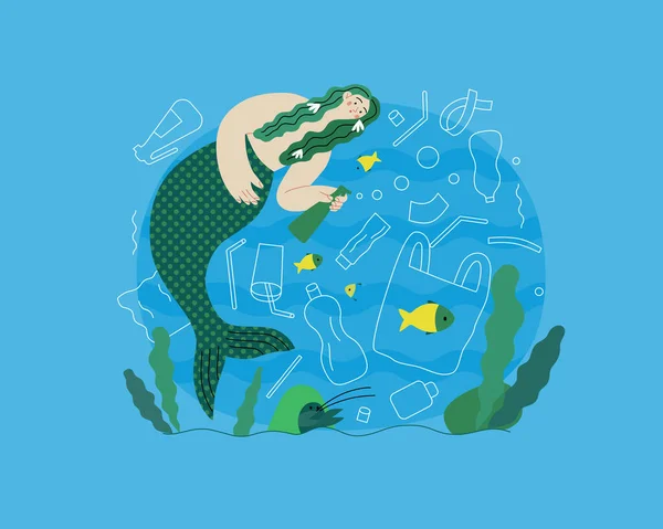 Ecology Ocean Plastic Pollution Modern Flat Vector Concept Illustration Mermaid — Stock Vector