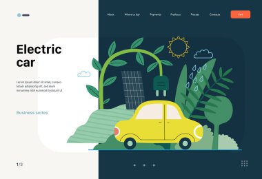 Ekoloji - Elektrikli araba - Modern düz vektör konsepti güneş panelleri ve elektrikli araba çizimi. Yenilenebilir enerji benzetmesi. Yaratıcı iniş web sayfası şablonu
