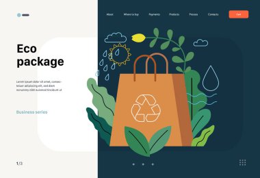 Ekoloji - Ekolojik paket - Modern düz vektör kavramı. Bitkilerle çevrili bir kağıt torba, ekolojik yaşam tarzının metaforu. Yaratıcı iniş web sayfası şablonu
