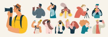 People portrait - Taking photos -Modern flat vector concept illustration of a people taking photo with a phone or camera, half-length portrait, user avatar. Creative landing web page template clipart
