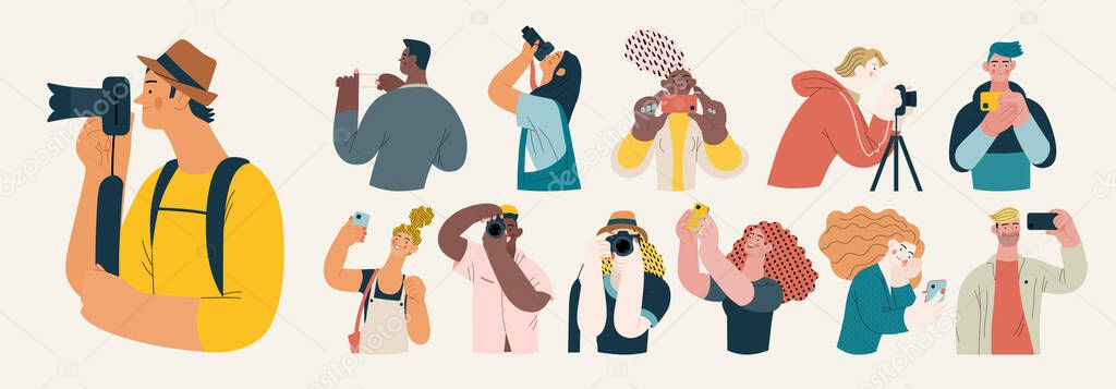 People portrait - Taking photos -Modern flat vector concept illustration of a people taking photo with a phone or camera, half-length portrait, user avatar. Creative landing web page template