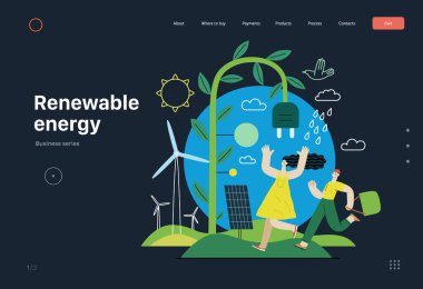 Ekoloji - Yenilenebilir enerji - Modern düz vektör konsepti güneş panelleri, rüzgar türbinleri, yağmur gücü. Genç bir kadın ve koşan bir çocuk. Yaratıcı iniş web sayfası şablonu