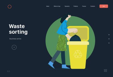 Ekoloji - Atık ayıklama - Modern düz vektör konsepti çizimi genç bir kadının plastik atık için çöp torbasına çöp poşeti koyması. Yaratıcı iniş web sayfası şablonu