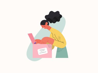 Buy online - Online shopping and electronic commerce series - modern flat vector concept illustration of a woman unpacking a parcel box. Delivery, discounts, sale and online orders concept