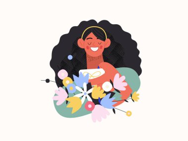 Hediye kartı - Çevrimiçi alışveriş ve elektronik ticaret serisi - bir demet çiçekten hediye kartı alan bir kadının modern düz vektör konsept çizimi. Terfi, indirim, satış, online sipariş konsepti.