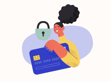 Güvenli ödeme - Çevrimiçi alışveriş ve elektronik ticaret serisi - plastik kartı ve kilidi olan bir kadının modern düz vektör tasviri. Çevrimiçi sipariş kavramının korunması ve güvenliği