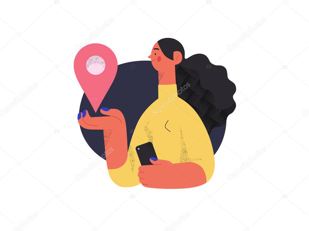 Delivery location - Online shopping and electronic commerce series - modern flat vector concept illustration of young woman holding location mark. Promotion, discounts, sale and online orders concept