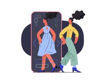 Virtual fitting - Online shopping and electronic commerce series - modern flat vector concept illustration of a woman fitting clothes in app. Promotion, discounts, sale and online orders concept