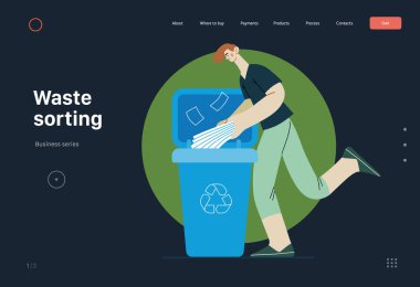 Ekoloji - Atık ayıklama - Modern düz vektör konsepti illüstrasyonu genç bir adamın kağıt atık için çöp konteynırına kağıt dergi koyması. Yaratıcı iniş web sayfası şablonu