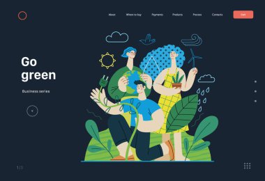 Ekoloji - Çevresel ekolojik ve yenilenebilir enerji sembolleriyle çevrili insanlar, ekoloji metaforunun modern düz vektör konsepti. Yaratıcı iniş web sayfası şablonu