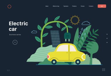 Ekoloji - Elektrikli araba - Modern düz vektör konsepti güneş panelleri ve elektrikli araba çizimi. Yenilenebilir enerji benzetmesi. Yaratıcı iniş web sayfası şablonu