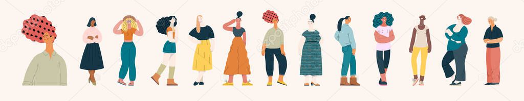 People portrait - Women portratits set -Modern flat vector concept illustration of standing women, user avatars, full-length portraits Illustration on feminism protest, girl power, ethnicity diversity
