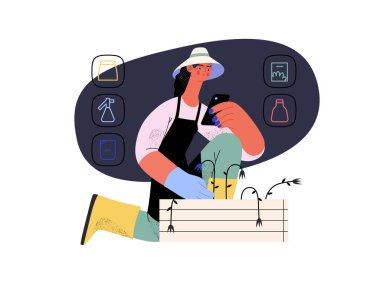 Alışveriş şimdi - Çevrimiçi alışveriş ve elektronik ticaret serisi - Modern düz vektör konsepti kadın bahçıvanlığı ve online alışveriş. Terfi, indirim, satış ve online sipariş kavramı