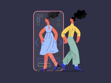 Virtual fitting - Online shopping and electronic commerce series - modern flat vector concept illustration of a woman fitting clothes in app. Promotion, discounts, sale and online orders concept
