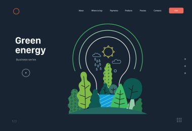 Ekoloji - Yeşil enerji - Modern yassı vektör kavramı ağaç ve bitkilerle dolu elektrik ampulünün çizimi. Sürdürülebilir yenilenebilir enerji metaforu. Yaratıcı iniş web sayfası şablonu