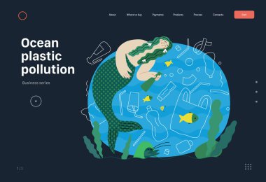 Ekoloji - Okyanus plastik kirliliği - Balık, deniz bitkisi ve suyun altında yüzen plastik atıkların modern düz vektör çizimi. Yaratıcı iniş web sayfası şablonu
