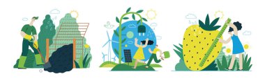 Ecology - Modern flat vector concept illustration on green positive thinking. Waste sorting, Recycling, Green energy, Save the planet, bio farming. Creative landing web page illustrations set