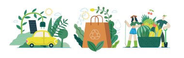 Ecology - Modern flat vector concept illustration on green positive thinking. Waste sorting, Recycling, Green energy, Save the planet, bio farming. Creative landing web page illustrations set