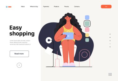 Easy shopping -Online shopping and electronic commerce web template - modern flat vector concept illustration of a woman in toilet shopping online. Promotion, discounts, sale and online orders concept