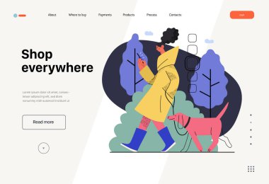Shop everywhere -Online shopping and electronic commerce web template -modern flat vector concept illustration of woman walking with dog and shopping. Promotion, discounts, sale, online orders concept