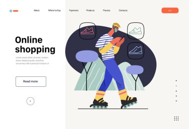 Online shopping - electronic commerce web template - modern flat vector concept illustration of a man wearing roller skates and shopping on the go. Promotion, discounts, sale and online orders concept
