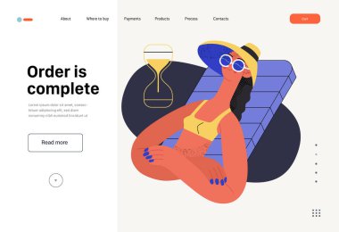 Order is complete - Online shopping and electronic commerce web template - modern flat vector concept illustration of a woman made an order and relaxing sunbathing. Sale and online orders concept