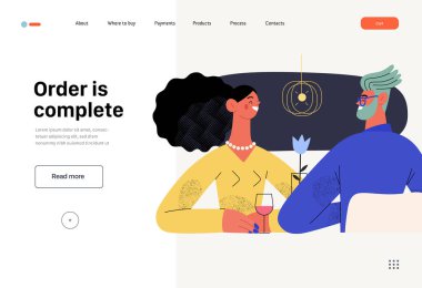 Order is complete - Online shopping and electronic commerce web template - modern flat vector concept illustration of couple sitting in restaurant. Promotion, discounts, sale and online orders concept