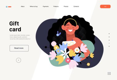 Gift card -Online shopping and electronic commerce web template - modern flat vector illustration of woman taking gift card from a bunch of flowers. Promotion, discounts, sale, online orders concept