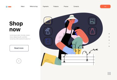Shop now - Online shopping and electronic commerce web template - modern flat vector concept illustration of a woman gardening and shopping online. Promotion, discounts, sale and online orders concept