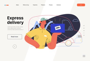 Express delivery - Online shopping and electronic commerce web template - modern flat vector concept illustration of a delivery man with a box and van. Shipment, sale and online orders concept