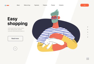 Relaxing shopping - Online shopping and electronic commerce web template - modern flat vector illustration of a man holding a bunny in his arms. Promotion, discounts, sale and online orders concept