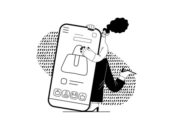 Shopping application - серия онлайн-шопинга и электронной торговли - современная плоская векторная иллюстрация женщины с мобильным телефоном. Продвижение, скидки, продажа и онлайн заказы концепции