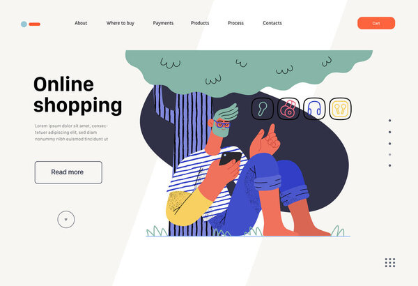 Online shopping -electronic commerce web template -modern flat vector illustration of a man sitting relaxing under the tree outside and shopping. Promotion, discounts, sale and online orders concept